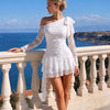 Lace Detail Floral Embroidered One Shoulder Ruffle Mini Dress in White