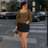 Square Neck Button Front Puff Sleeve Peplum Top Curve and Plus in Chocolate Brown
