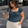 Ruched Half Sleeves Button Front Peplum Top Curve and Plus in Pageant Blue