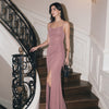 Sparkle Ruched Cowl Neck Side Slit Maxi Dress in Smoky Pink