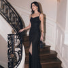 Ruched Cowl Neck Side Slit Maxi Dress in Classic Black