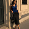 Wrap Front Side Tie Sleeveless Top in Navy Blue