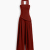 Strapless Asymmetric Top and Wide Leg Pants Co-Ord Set with Scarf in Merlot