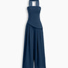 Strapless Asymmetric Top and Wide Leg Pants Co-Ord Set with Scarf in Pageant Blue