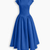 Boat Neck Fitted Waist A Line Midi Dress in Denim Blue