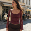 Scallop Neck Lace Sleeve Tie Front Top in Deep Maroon
