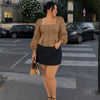 Square Neck Button Front Puff Sleeve Peplum Top Curve and Plus in Coffee Brown