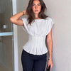 Pinstripe Square Neck Pleated Peplum Top in Classic White
