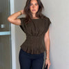 Pinstripe Square Neck Pleated Peplum Top in Coffee Brown
