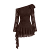 Lace Detail Floral Embroidered One Shoulder Ruffle Mini Dress in Chocolate Brown
