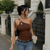 One Shoulder O Ring Cutout Fitted Top in Chocolate Brown