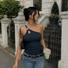 One Shoulder O Ring Cutout Fitted Top in Navy Blue