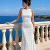 Floral Lace Crew Neck Ruched Midi Dress in Classic White