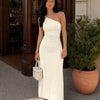 One Shoulder Ruched Fitted Maxi Dress in Beige