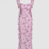 Mesh Ruffle Floral Maxi Dress in Lilac