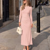 Crew Neck Ruched Waist Long Sleeve Midi Dress in Dusty Pink
