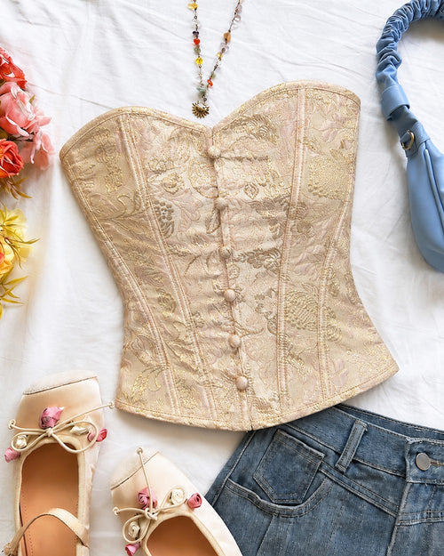 Strapless Sweetheart Neck Button Front Corset Top in Nude Beige