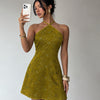 Halter Neck Sequin Floral Mini Dress in Olive Green