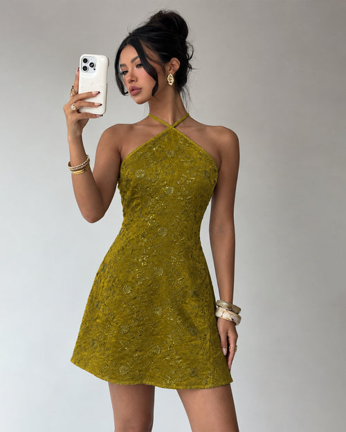 Halter Neck Sequin Floral Mini Dress in Olive Green