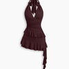 Halter Neck Ruched Ruffle Asymmetric Mini Dress in Maroon