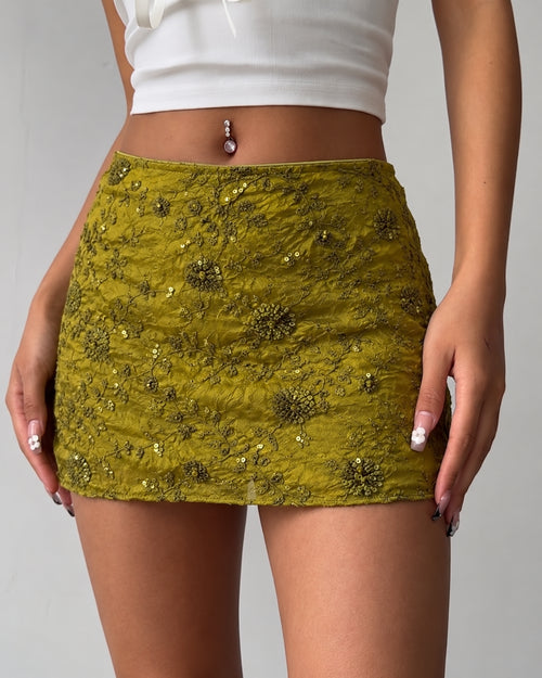 Floral Lace Sequin Mini Skirt in Dark Citron
