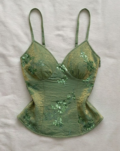 Floral V Neck Cross Back Tie Detail Cami Top in Sage Green