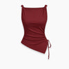Tie Shoulder Ruched Asymmetrical Hem Top in Burgundy