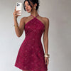 Floral Halter Neck Mini Dress in Dark Pink