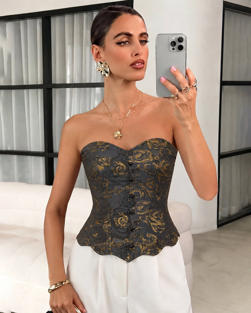 Strapless Sweetheart Button Front Corset Top in Jet Black