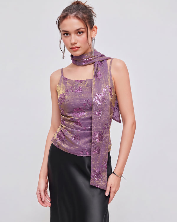 Floral Ruched Cami Top with Scarf in Lavender- Littlebox India