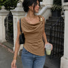 Cowl Neck Ruched Asymmetric Top in Brown