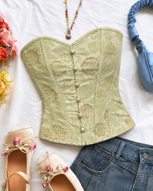 Strapless Sweetheart Neck Button Front Corset Top in Herbal Green
