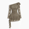 Lace Detail Floral Embroidered One Shoulder Ruffle Mini Dress in Light Grey