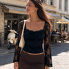 Scallop Neck Lace Sleeve Tie Front Top in Classic Black