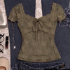 Lace Trim Tie Front Short Sleeve Top in Olive Green