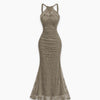 Halter Neck Ruched Mermaid Maxi Dress in Olive Green
