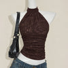 Halter Neck Ruched Open Back Tie Top in Espresso Brown