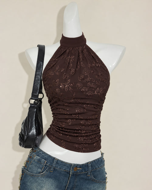 Halter Neck Ruched Open Back Tie Top in Espresso Brown