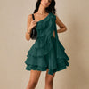 One Shoulder Ruffle Layered Mini Dress in Dark Green