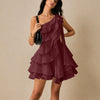 One-Shoulder Layered Asymmetrical Ruffled Dress in Cherry Red