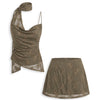 Floral Lace Cowl Neck Halter Top and Skirts Co-Ord Set in Light Grey