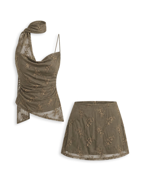 Floral Lace Cowl Neck Halter Top and Skirts Co-Ord Set in Light Grey