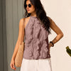 High Neck Sheer Ruffle Overlay Sleeveless Top in Dusty Pink
