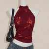 Halter Neck Ruched Floral Embroidered Top in Burgundy