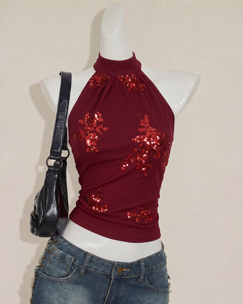 Halter Neck Ruched Floral Embroidered Top in Burgundy