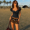 Sweetheart Neck Puff Sleeve Ruched Tie Front Crop Top in Black