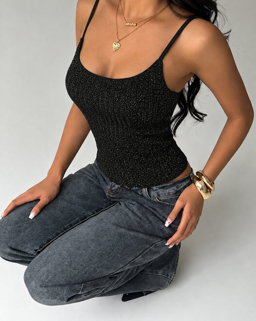 Scoop Neck Glitter Fitted Cami Top in Shimmer Black