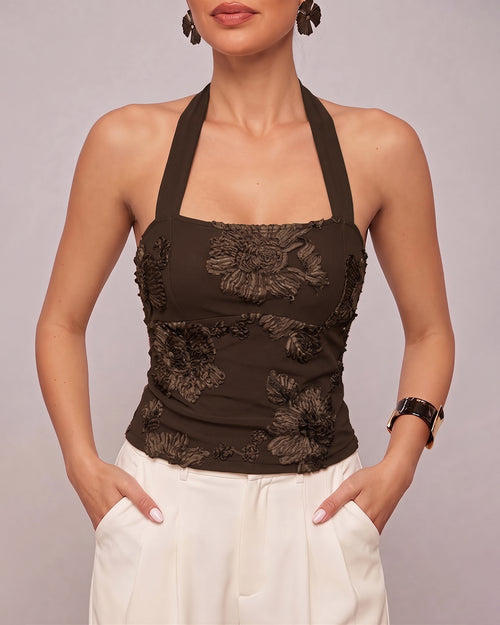 Floral Embroidered Halter Neck Ruched Top in Coffee Brown