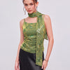 Square Neck Floral Embellished Fitted Top with Scarf in Lime Green