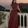 High Neck Short Sleeve A Line Midi Dress in Maroon